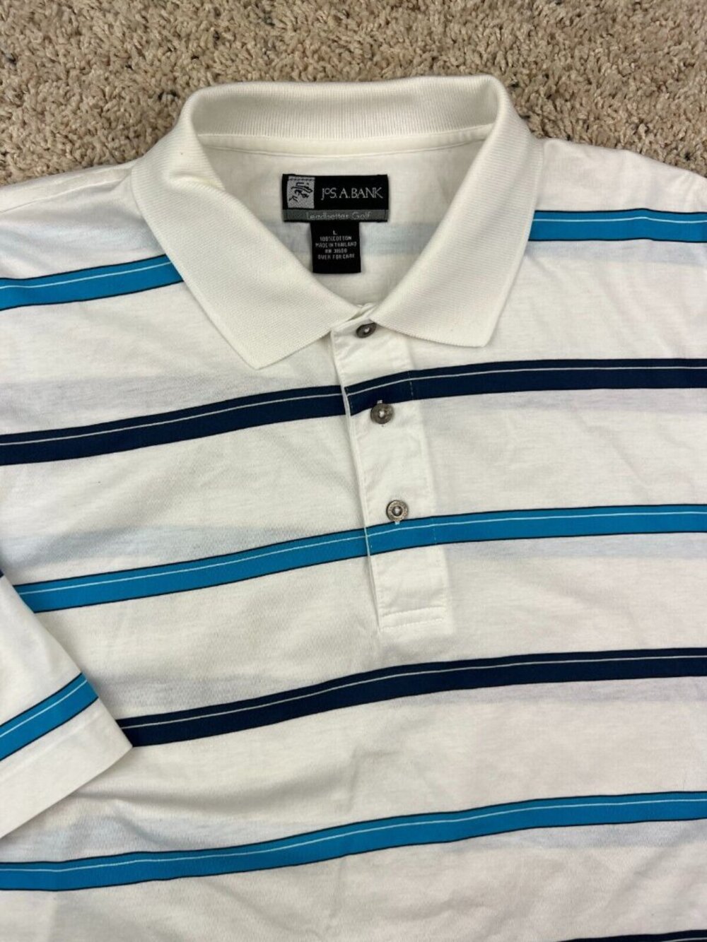 Jos. A. Bank Leadbetter Golf Polo Shirt Large L Short Sleeve Blue White Striped